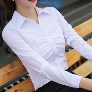 เสื้อเชิ้ตแขนยาวทรงสลิมฟิตสำหรับผู้หญิง สไตล์เกาหลี ดีไซน์ปมหน้า เสื้อทำงาน ชุดทำงาน ชั้นใน สีดำ คอโปโล ปกติ