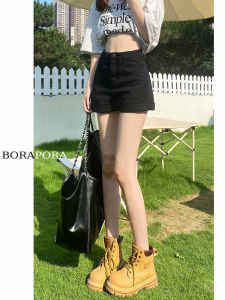 กางเกงขาสั้นผ้ายีนส์เอวสูงทรงหลวมสำหรับผู้หญิงในช่วงฤดูร้อน กางเกงขาสั้นทรงเอสีดำ ทรงสลิมฟิต ทรงเข้ารูป กางเกงขายาวทรงเข้ารูป