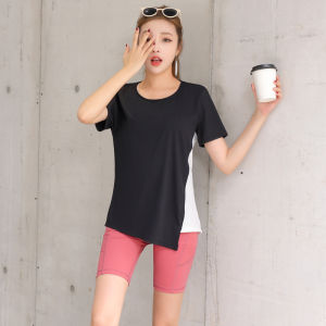 เสื้อยืดวิ่งออกกำลังกายแบบหลวมๆ แห้งเร็วสำหรับผู้หญิง ชุดโยคะฤดูร้อนปี 2023 ใหม่ แขนสั้น กระชับสัดส่วน คอกลม ผ้าไนลอน