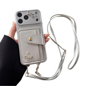 Shiny Case for iPhone 18 Pro Max 16 15 14 17 Leopard Print Glitter Pearl Flower Card Pocket Crossbody Strap Elegant Silver Cover
