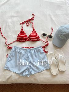 Bikini Tam Giác Kẻ Sọc Đơn Giản Thiết Kế Đồ Bơi Cạp Thấp Dáng Chữ a Cho Nữ Quần Short Rộng Rãi Đi Biển Đồ Bơi Mùa Hè