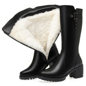 Real Leather Wool Mid-Calf Boots Women Winter Middle-Aged Mom Shoes Long Boots Medium Heel Thickened Fur Lined High-Cut Cotton Boots