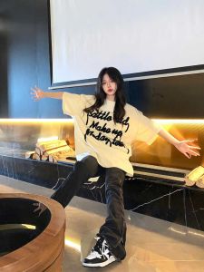 Mid-Length Long Cotton T-Shirt for Women Loose Fit Summer Printed Letter Heart Design Retro American Style Clothing