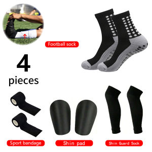 4 PCS Set Men Women Football Equipment Non-slip Football Socks Sports Bandage Mini Shin Guard Guard Compression Socks