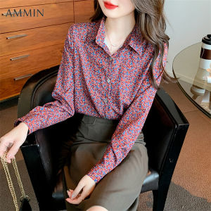 AMMIN Autumn New Womens Long Sleeve Silk Floral Top Korean Style Fashion Temperament Slim Fit Versatile Printed Mulberry Silk Shirt