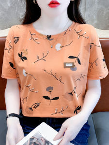 Pure Cotton Orange Short Sleeve Womens T-shirt Loose round Neck Summer Fashion Print Top Age-Defying Korean Style Commute