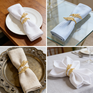 4Pcs Gold Leaf Napkin Rings Holder Plated Alloy Table Setting for Christmas Wedding Birthday Party Decor