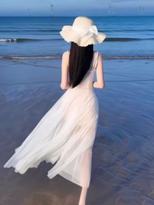 CHANGTONG | Beach Vacation Style Lace Overlay Dress Halter-neck Two Piece Set Long Dress