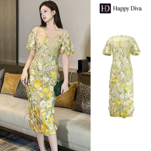 Happy Diva Womens Summer Yellow Flower Puff Sleeve Dress Vintage Dress Wedding Party Dress 9032