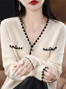 Ole Discount Big Sale Fall and Winter Elegant Classic Style V Neck Knitting Worsted Wool Cardigan Womens Multi-Color Coat Tops