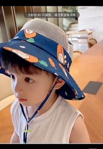 1 x หมวกกันแดดเด็กการ์ตูนพิมพ์หมวกกันแดดเด็กใหม่ตาข่ายกว้างเด็กหมวกชาวประมงระบายอากาศหมวก