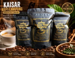 Kopi Bubuk Robusta Asli Lampung Premium 500gr (Bean Roastery) - Kemasan hitam dengan desain emas tiga kantong untuk penyajian kopi tradisional.