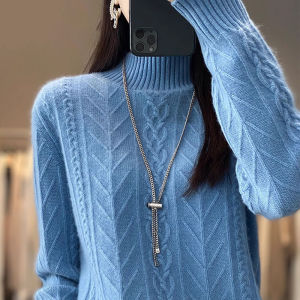 WANGGONGZHU | Thickened Autumn Winter Knitted Twisted Woolen Sweater Womens Base Shirt Half High Collar Soft Cashmere Warm Comfortable Inner Wear