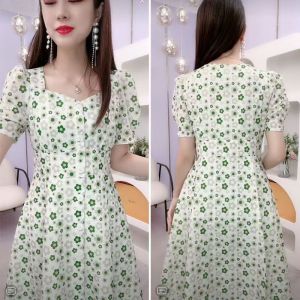 Internet Celebrity Avocado Green Floral Print Dresses Middle age French Style Square Neck Short Sleeve Women A-line Dress Fit and thin