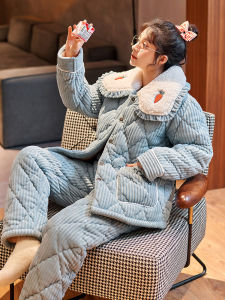 Thickened Coral Fleece Three-Layer Cotton Padded Sleepwear Womens Autumn Winter Home Clothes Long Sleeve Hooded Sweatshirt