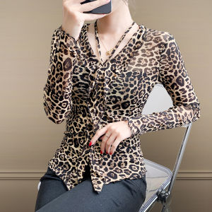 Rehin Áo Thun Tay áo dài cổ chữ V hình hoa áo thun áo blouse thanh lịch sọc/in da báo bán mỏng phong cách mùa thu đông mới (S-3XL)