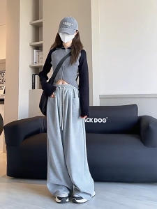 Crush Fashion Women Wide Leg Sweatpants Grey Drawstring Elastic Waist Loose Fit Baggy Casual Track Pants Joggers Pockets Y2K Streetwear Lounge