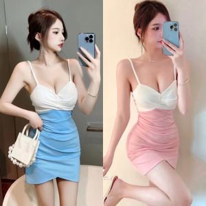 ชุดผู้หญิงไนท์คลับชุดเดรสเซ็กซี่สำหรับคนตัวเล็กเดรสสายเดี่ยวรัดสะโพกเข้ารูปเปิดหลังคอลึกใส่แล้วดูผอมเพรียวเดรสออกงานกลางคืน