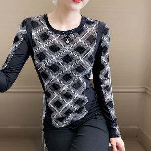 REHIN บล็อกสีเสื้อกันหนาวแบบสวมหัวแขนยาวคอกลมเข้ารูปพอดีเสื้อยืดลูกปัดไม่สมมาตร