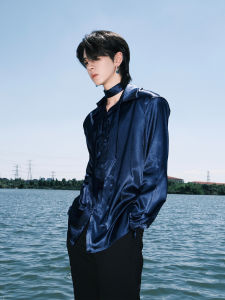 HarH Original Desires Series Long Sleeve Mens Shirt Satin Water Ripple Blue with Sash Standard Fit Casual Sharp Collar