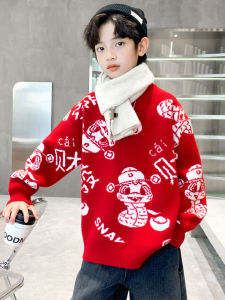 Thickened Knitted Sweater for Boys Autumn Winter Style Red Base Layer Shirt Lucky Snake Year Childrens Clothing Korean Style Cotton Blend Fabric
