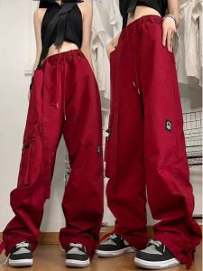 กางเกงทำงานทรงหลวมเอวสูงสไตล์ย้อนยุคสไตล์อเมริกันสีแดงสำหรับผู้หญิง กางเกงขายาวทรงหลวมลำลองสำหรับฤดูใบไม้ร่วง