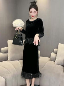 Velvet Draped Design Heavy Work round Neck Slimming Womens Dress Korean Style Long Sleeve Midi Skirt Fashionable Autumn Dress
