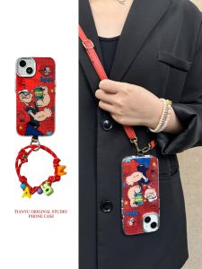 Cartoon Popeye Themed Phone Case for  16 pro Max Cute Letter Lanyard Red Checkered Crossbody Phone Cover Silicone Material