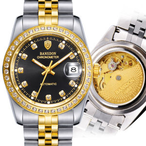 นาฬิกาข้อมือชาย BANSUODONG Automatic Mechanical Steel Waterproof Luminous Dial 18K Gold Plated Band Casual Style Watch