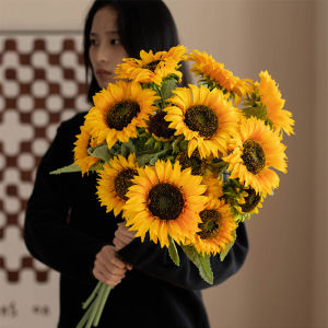 1pcs Bouquet Artificial Sunflower Flowers Home Garden Wedding Birthday Party Decoration (Yellow&Coffee)