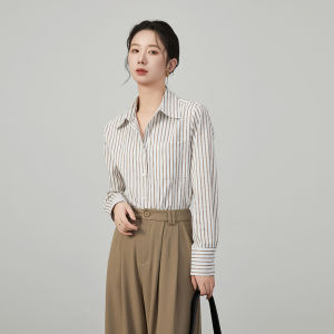 Womens Striped Long Sleeve Shirt Loose Fit Shoulder Casual Style Cotton Blend Comfortable Breathable Button up Top