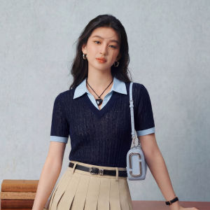 SEIFINI | Plaid Contrast V-Neck Faux Two-Piece Knit Slim Summer Top
