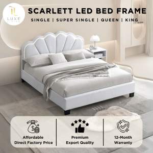 LUXE: Scarlett LED Queen Bed Frame | King Bed Frame | Katil Single Bed | Super Single Bed |LED Katil Queen/ LED Katil Single/ LED Katil Super Single | Modern Scallop Headboard