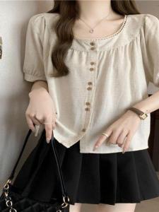 plus Size French Sweet Lace Trim Short Sleeve Shirt Women Summer Loose Belly Covering round Neck Anti Aging Top Casual Style