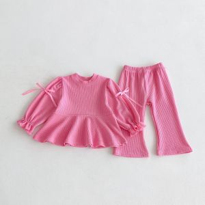 Children Bow Shirts + Flared Trousers 2pcs Suit Cotton Toddler Girl Outfits Autumn Korean Girls Set Sweet and Cute Girls Set