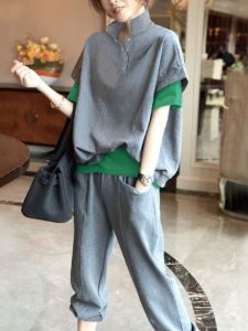 Gray Fashionable Casual Short Sleeve Two-Piece Set Womens Summer New Loose plus Size Anti-Aging Trendy Ensemble