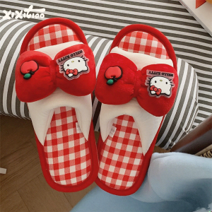 Dép Vải Lanh Cotton HelloKitty Cho Nữ Mùa Xuân Hè Dép Đi Trong Nhà Đế Mềm Thấm Hút Mồ Hôi Họa Tiết Sọc Mỏng