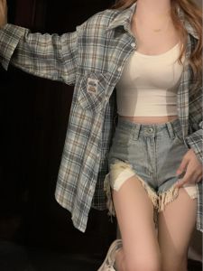 ย้อนยุค ชิค ลายสก็อต หลวม แขนยาว ผู้หญิง เสื้อเชิ้ต ฤดูใบไม้ผลิ ฤดูใบไม้ร่วง สไตล์เกาหลี ขี้เกียจสบาย เสื้อโค้ท ปุ่มประกบ ดีไซน์