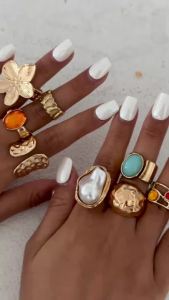 Ingemark | Ingemark 8Pcs/Set Elegant Imitation Pearl Flower Open Ring for Women Exquisite Geometric Wide Knuckle Ring Wedding New Jewelry