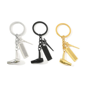 Mini Hair Dryer Scissor Comb Keychain Hairstylist Keyring Hairdressing Salon Souvenir Gift Men Car Backpack Pendant Accessories