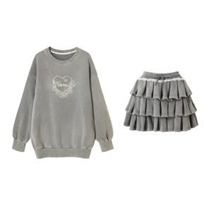 Alice Contract Uena Celebrity Grey Washed Vintage round Neck Sweatshirt Skirt Set Womens Fashion Autumn Collection Cotton Long Sleeve