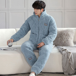 miiow | Catman Coral Fleece Mens Sleepwear Thickened Three-layer Cotton Warm Flannel Home Clothes Set Long Sleeve Zipper Closure Solid Color