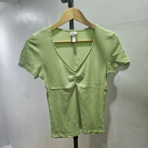 H M V-Neck Cinch Ribbed Stretchable T-Shirt