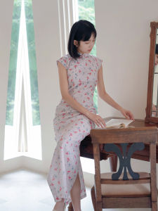 MJJ Summer Autumn Vintage Artistic Cotton Linen Cheongsam Mid-Length Sleeveless Dress with Side Zipper Floral Print Daily Wear