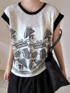 YUEZHONGWEI | New Chinese Style Heavy Embroidery Short Sleeve T-Shirt Women Summer Slim Fit Knitted Linen Top Round Neck Moisture Wicking
