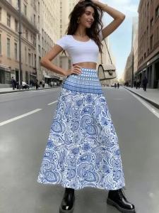 Printed Design Four Seasons Blue and White Paisley Pattern Holiday Style Half Skirt