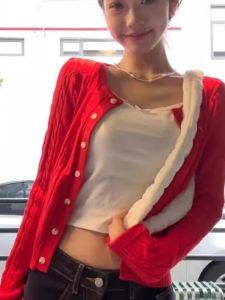 Red Twisted Knit Cardigan Short Style Womens Fashion Top Korean Retro Early Autumn Outfit Loose Fit Long Sleeve round Neck