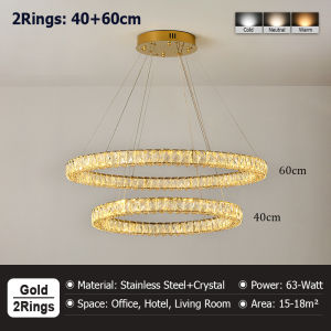 LANTU Modern Luxury 3 Rings Gold Silver Crystal LED Pendant Light Remote Dimming Hanging Lamp for Bedroom Dining Room Kitchen Island Villa Duplex Staircase Bright Lighting Fixture