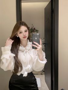 GUZILIAN | Elegant White Casual Shirt Womens Stand Collar French Style Simple Design Beautiful Top Korean Version Summer Fashion
