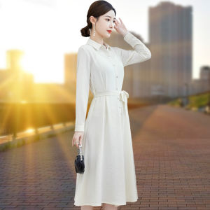Elegant A-Line Long Sleeve Dress Womens New Style Spring Fashion Small Size Elegant Atmosphere Belt High Waist Midi Dress